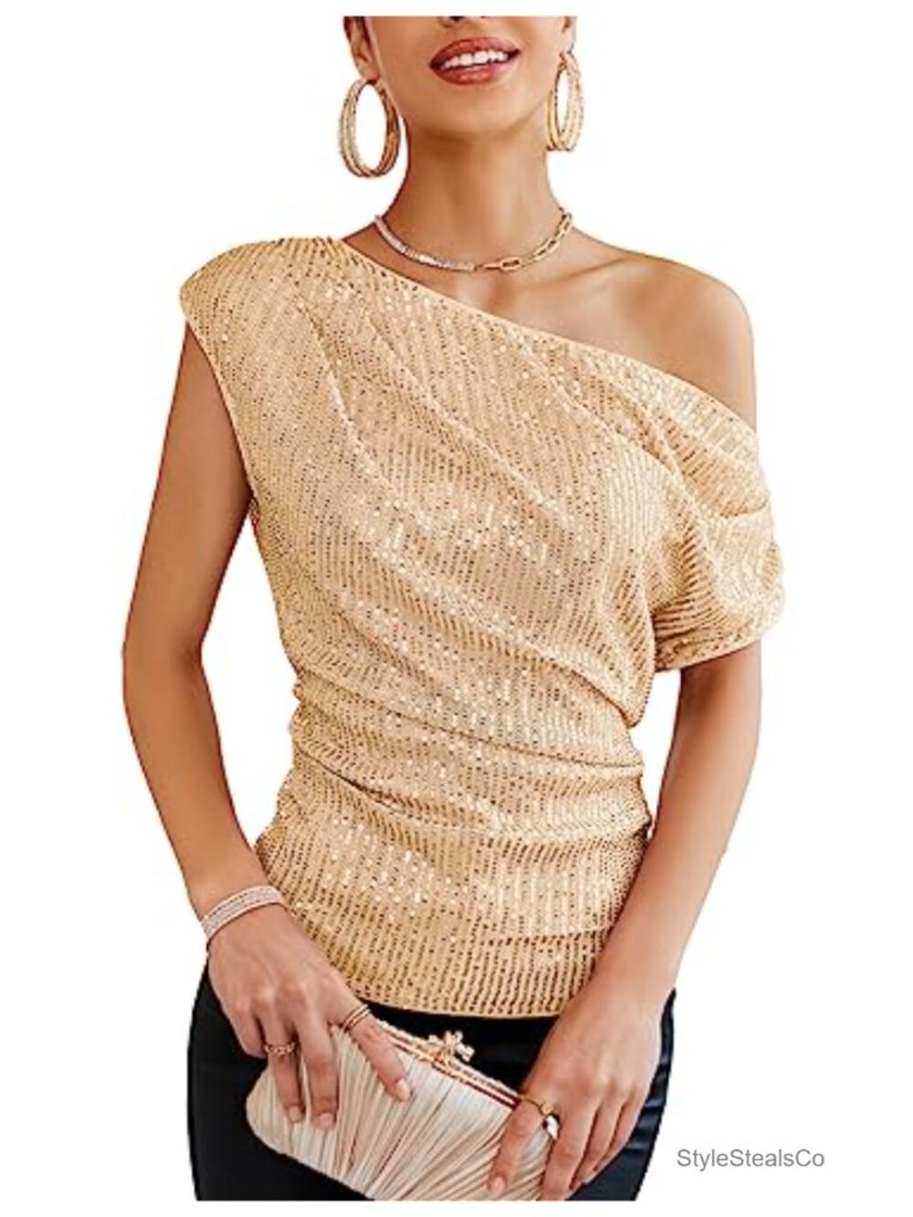 Sequin One Shoulder Ruched Sparkly Party Top Disco Outfit